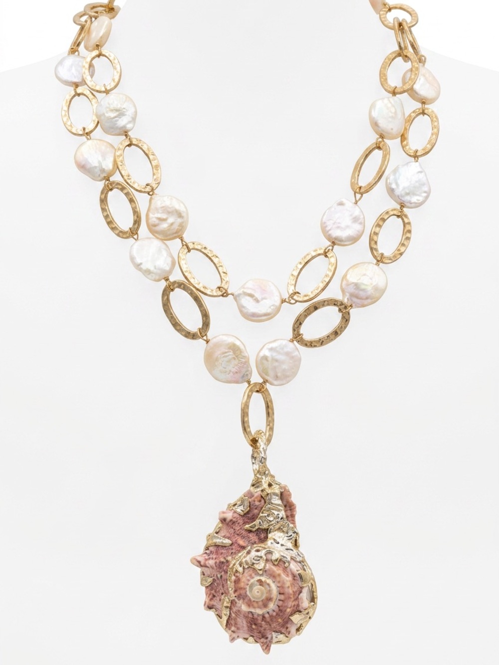 Conch Shell & White Keshi Teardrop Pearl Necklace With Artisan Silver Metalwork - Picture 4 of 16